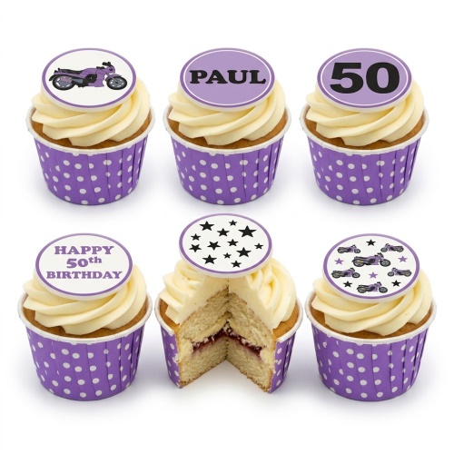 Motorbike themed birthday cupcakes with purple wrappers and custom age toppers.
