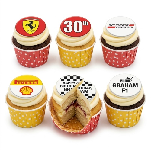 Set of Formula 1 themed birthday cupcakes with racing logos and custom age topper.