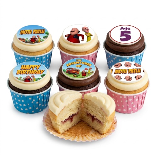Motu Patlu themed cupcakes with character toppers, "Happy Birthday" message, and custom age topper.