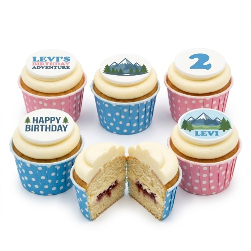 Adventure mountain theme birthday cupcakes with custom age and name toppers, in blue and pink polka dot cases.