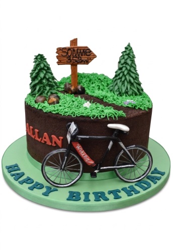 Round single-tier cycling theme birthday cake with edible bicycle, trees, and signpost.