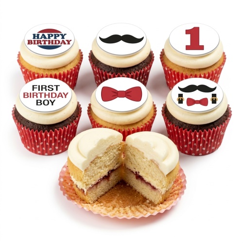 First birthday boy cupcakes with mustache, bow tie, and number 1 toppers in red and black.