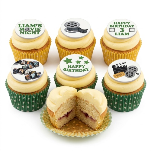 Movie theme birthday cupcakes with film reel, clapperboard, and movie poster toppers, ideal for a personalised birthday celebration.