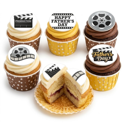 Set of Father's Day movie theme cupcakes with clapperboard and film reel toppers on white, yellow, and brown frosting.