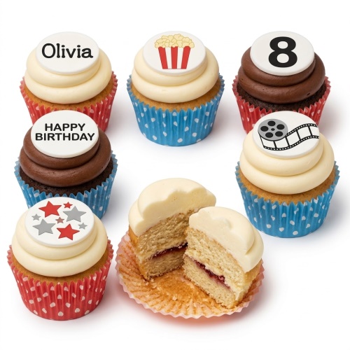 Movie theme cupcakes with popcorn, film reel, stars, and custom age/name toppers.