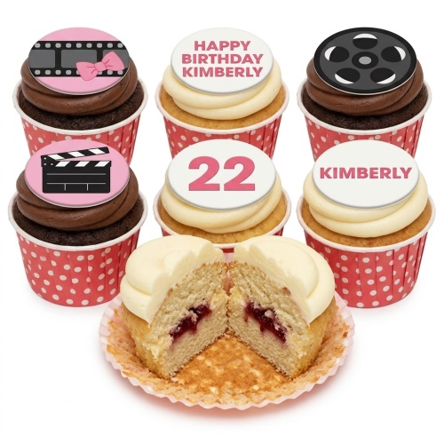 Assortment of film theme birthday cupcakes with clapperboard, film reel, and custom age and name toppers.