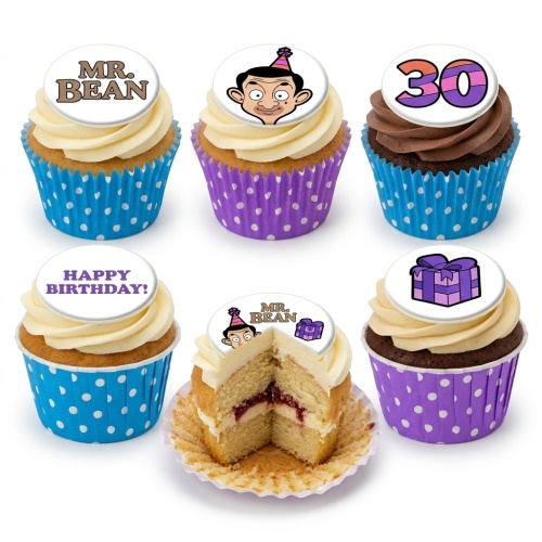 Mr. Bean themed birthday cupcakes with character, logo, gift, and custom age toppers.