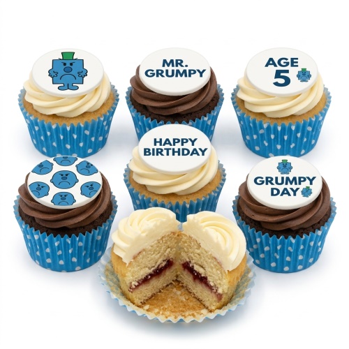 Mr Grumpy themed birthday cupcakes with custom age topper and blue polka dot cases.