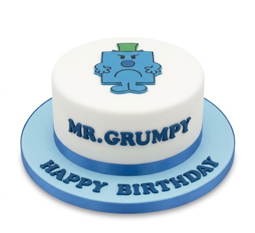 Round white and blue Mr Grumpy birthday cake with character topper and "Happy Birthday" message.
