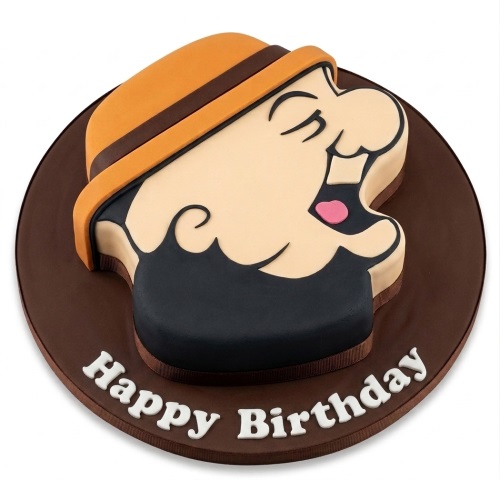 Wimpy character birthday cake with a brown hat and black beard, on a brown cake board with 'Happy Birthday' message.