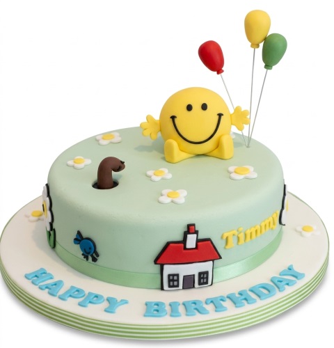 Round pastel green birthday cake with 3D Mr. Happy character, balloons, flowers, and a personalised name.