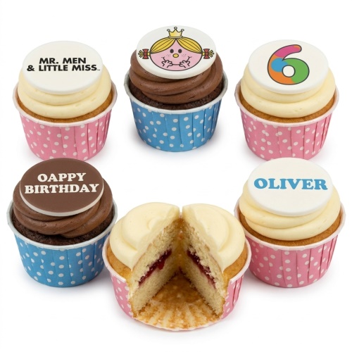 Assorted Mr. Men Little Miss themed cupcakes with custom age topper and personalised message.