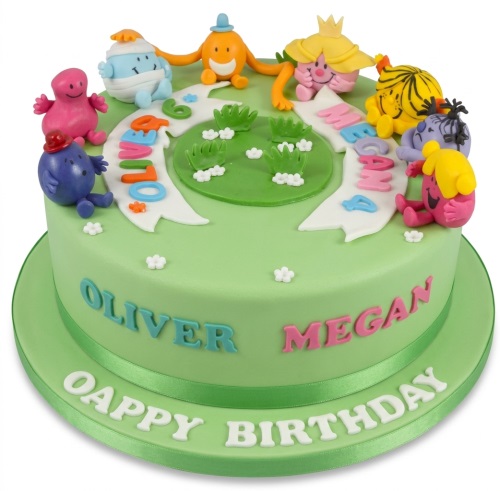 Green round birthday cake with Mr. Men and Little Miss characters, personalised name banner, and age topper.