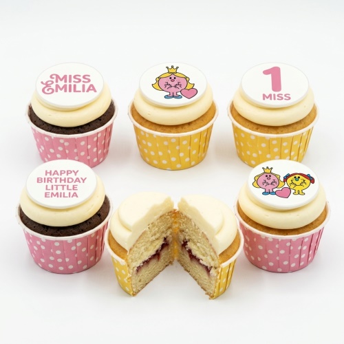 Set of Mr. Men Little Miss themed birthday cupcakes with character toppers, custom name and age examples.