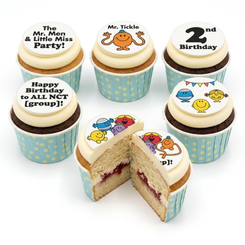 Mr Men Little Miss themed cupcakes with various characters, vanilla frosting, and blue polka dot cases.