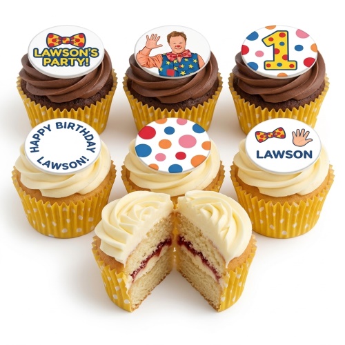 Mr Tumble themed birthday cupcakes with character, bow tie, polka dot, and custom age toppers.