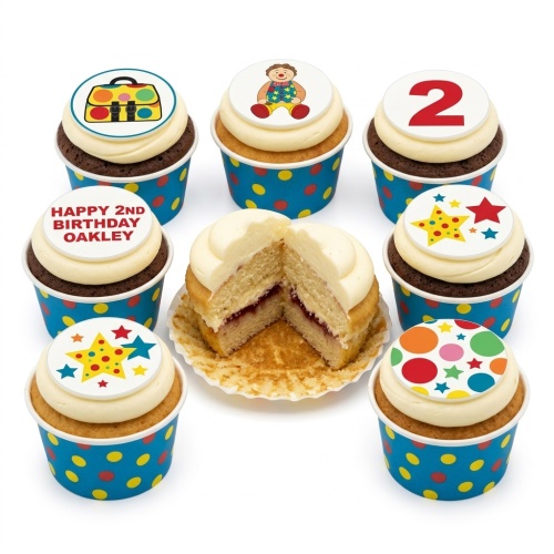 Mr Tumble themed birthday cupcakes with colourful polka dots and stars, featuring a custom age topper and personalised message.