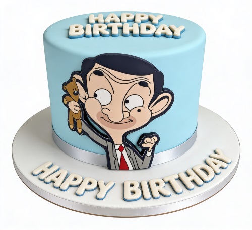 Round light blue Mr Bean birthday cake with a 2D cutout of Mr. Bean holding Teddy and 'Happy Birthday' text.
