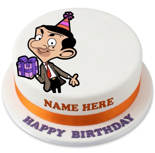White round Mr Bean birthday cake with party hat, gift, and orange ribbon base.