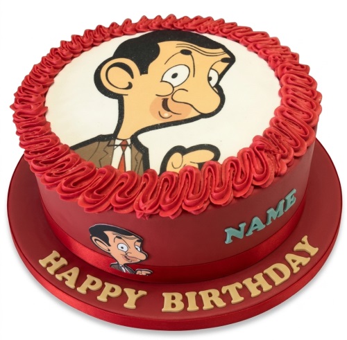 Round red Mr Bean birthday cake with edible image, red piping, and custom name.