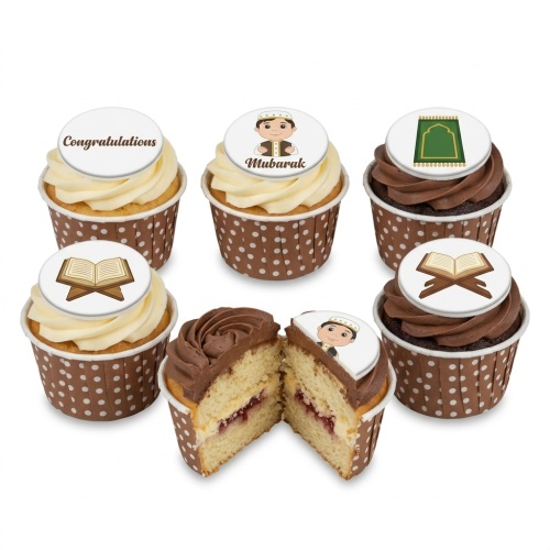 Six Eid celebration cupcakes with white and chocolate frosting, featuring edible toppers of a boy, 'Mubarak', 'Congratulations', a prayer mat, and an open Quran.