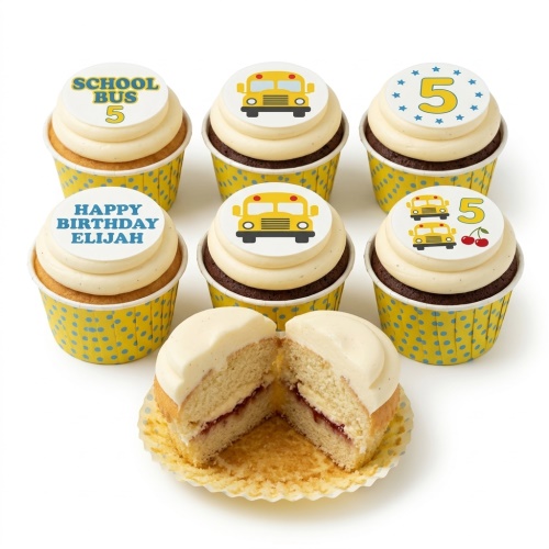 Six cupcakes with yellow school bus and number 5 toppers, one with "Happy Birthday Elijah" text.