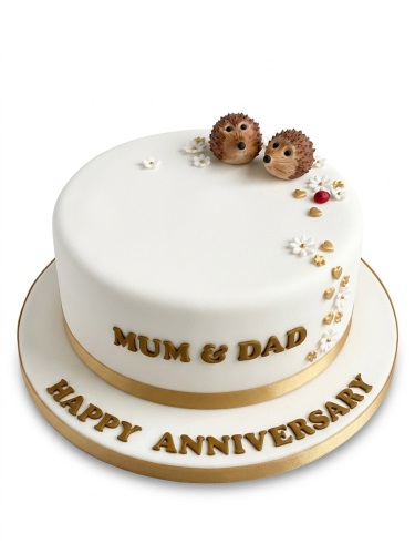 White round anniversary cake with two hedgehog toppers, white flowers, gold hearts, and a gold ribbon.