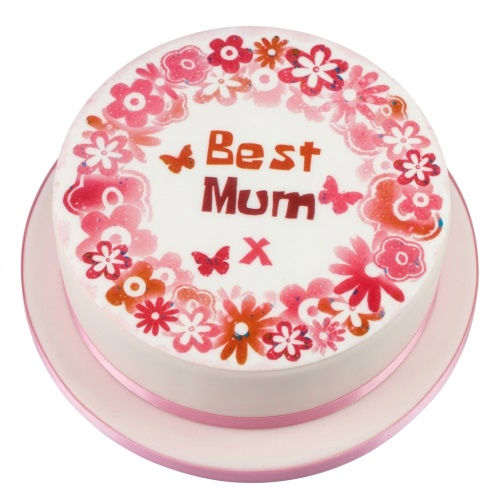 Round white cake with a floral wreath of pink and orange flowers and butterflies, with 'Best Mum x' written in the centre.
