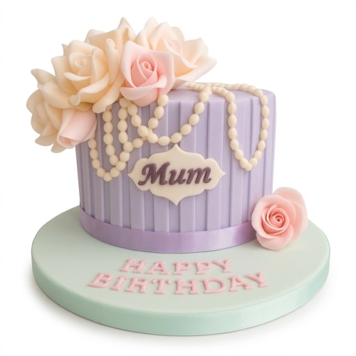 Lavender birthday cake with pink and cream sugar roses, white pearl strands, and a 'Mum' plaque.