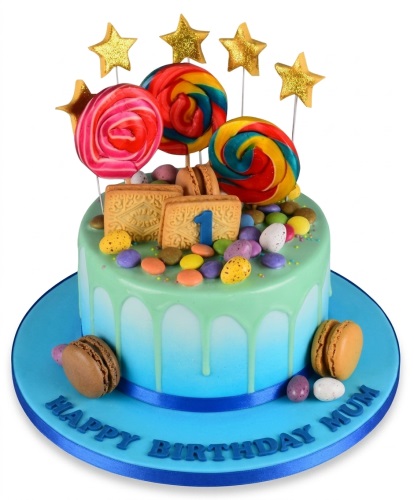Round candy drip birthday cake with lollipops, biscuits, sweets, stars, and macarons.
