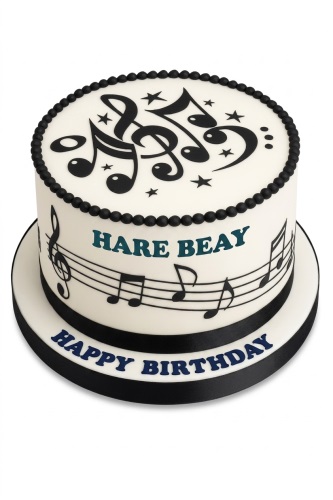 White round cake with black music notes, musical staff, and a custom message.