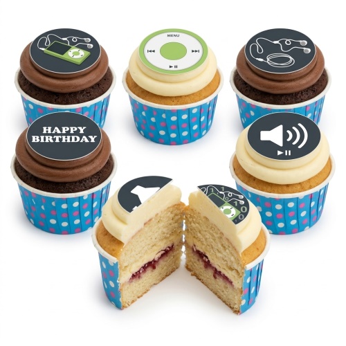 Cupcakes with music player, headphone, and speaker toppers. Some with chocolate and some with vanilla frosting. One cupcake says "Happy Birthday".