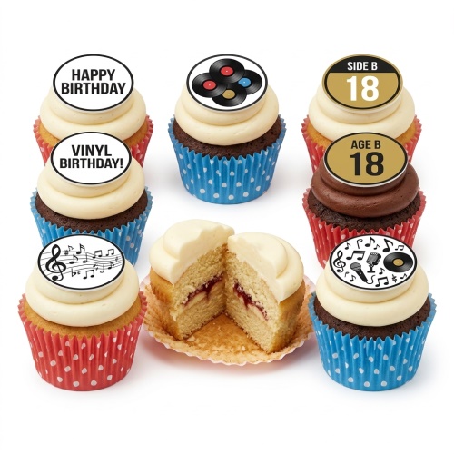Cupcakes with white and chocolate icing, topped with vinyl records, musical notes, and birthday messages.