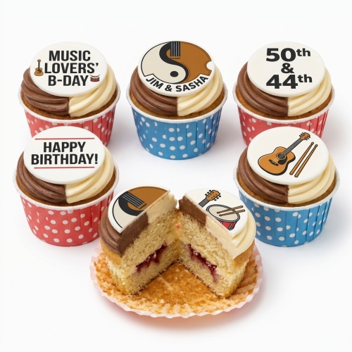 Cupcakes with two-tone frosting, musical instrument toppers like guitars and drums, and custom messages.