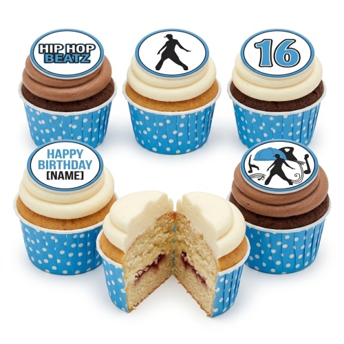 Hip hop themed cupcakes with dancer and music toppers, blue wrappers, and custom age '16' example.