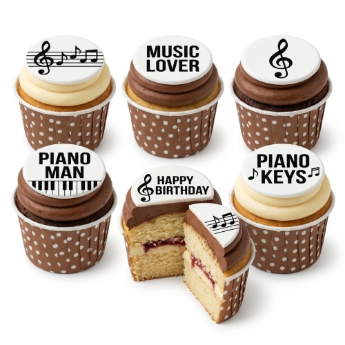Six music and piano themed cupcakes with white and chocolate frosting, featuring edible toppers with musical notes, treble clefs, and piano keys.