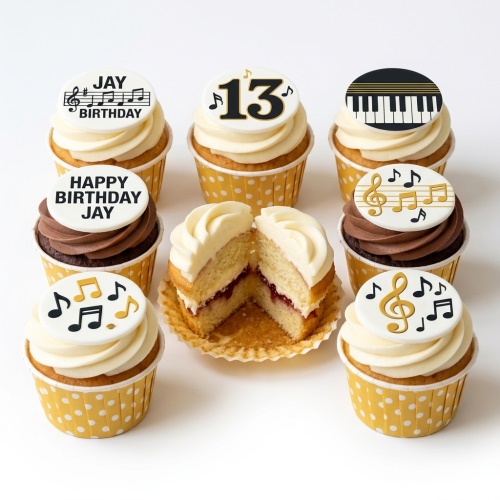 Vanilla and chocolate cupcakes with white and brown frosting, topped with edible musical notes, a piano keyboard, and a custom age topper.