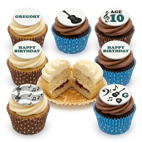Assortment of music-themed birthday cupcakes with guitar, musical notes, and custom age toppers.