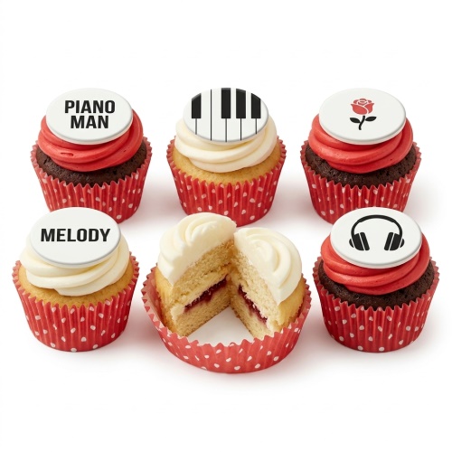 A selection of musical theme birthday cupcakes with red and white frosting, featuring toppers with piano keys, headphones, and a rose, plus custom message examples.
