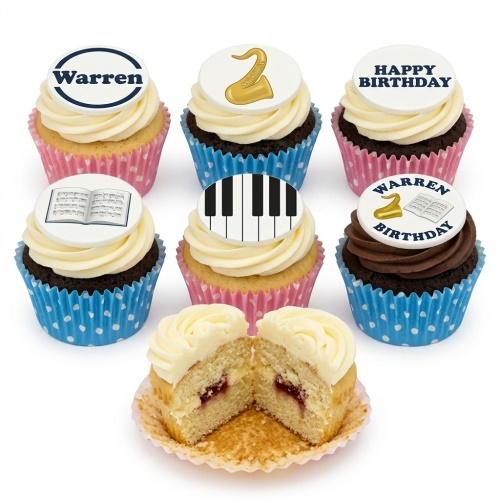 Cupcakes with music theme toppers: saxophone, piano keys, sheet music, and custom birthday messages.