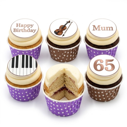 Six cupcakes with music theme, Happy Birthday, and custom age/name toppers.