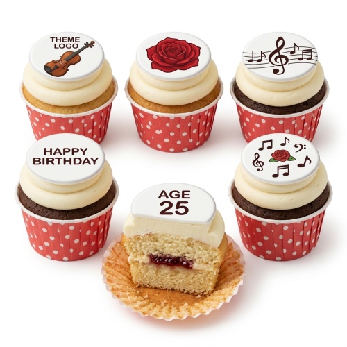 Birthday cupcakes with white icing, red polka dot wrappers, and edible toppers featuring a violin, red rose, musical notes, Happy Birthday, and Age 25.