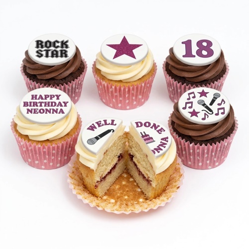 A set of rock star and music-themed birthday cupcakes with customisable toppers, featuring stars, microphones, and "ROCK STAR" text.