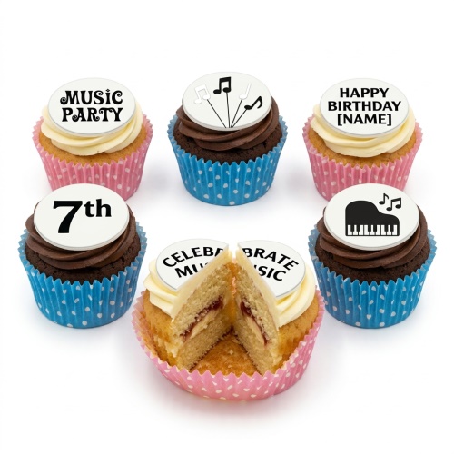 Music themed birthday cupcakes with musical notes and piano designs, in pink and blue wrappers.