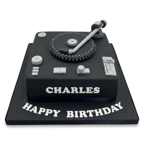 Black and white DJ turntable birthday cake with custom name and message