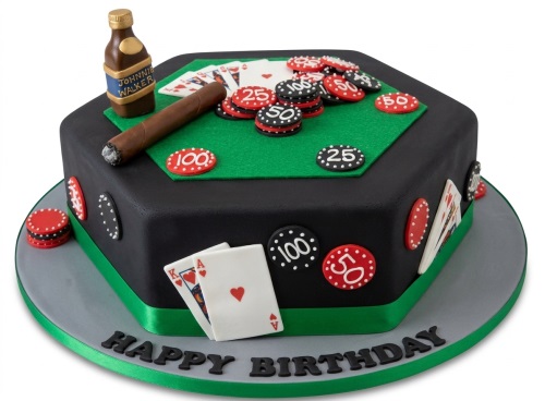 Octagonal black cake with green poker table top, edible poker chips, playing cards, cigar, and whisky bottle.