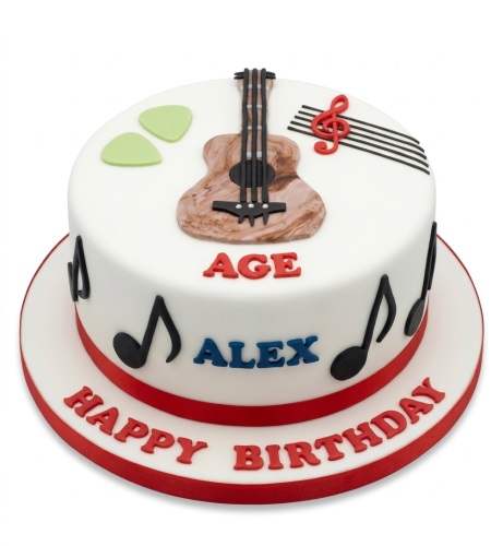 Round white fondant birthday cake with a brown guitar, green picks, black musical notes, and a red treble clef.