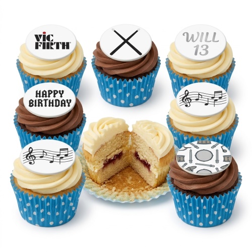 Assortment of drumming and music themed birthday cupcakes with drumsticks, musical notes, and drum kit edible toppers.