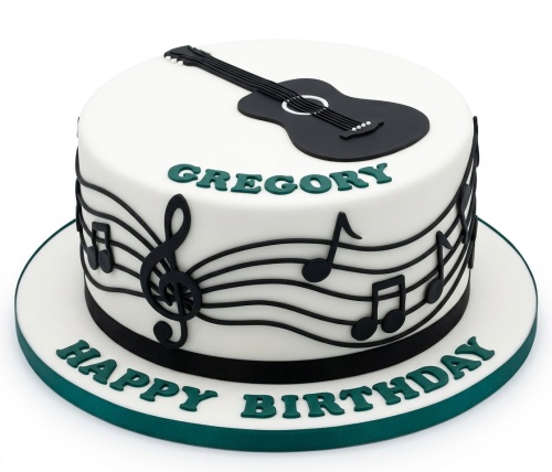 White round birthday cake with black guitar and musical notes, personalised with a custom name and message.