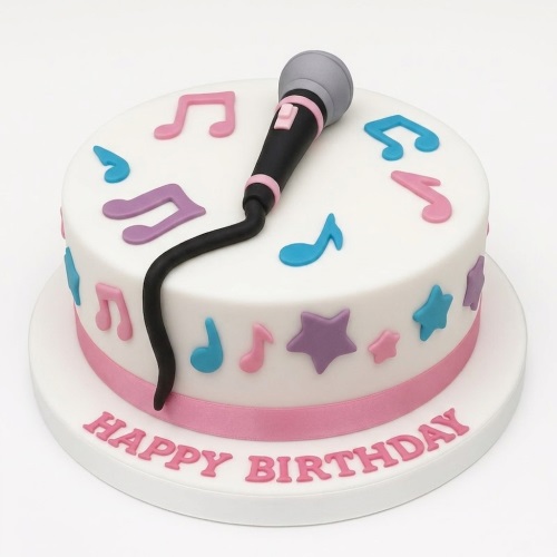 White round birthday cake with microphone, musical notes, stars, and pink ribbon.